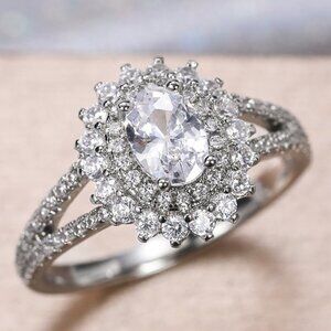 😍PARTY GIFT DOUBLE LAYER CZ LOVELY SILVER DAINTY LUXURY FLOWER RING, K896